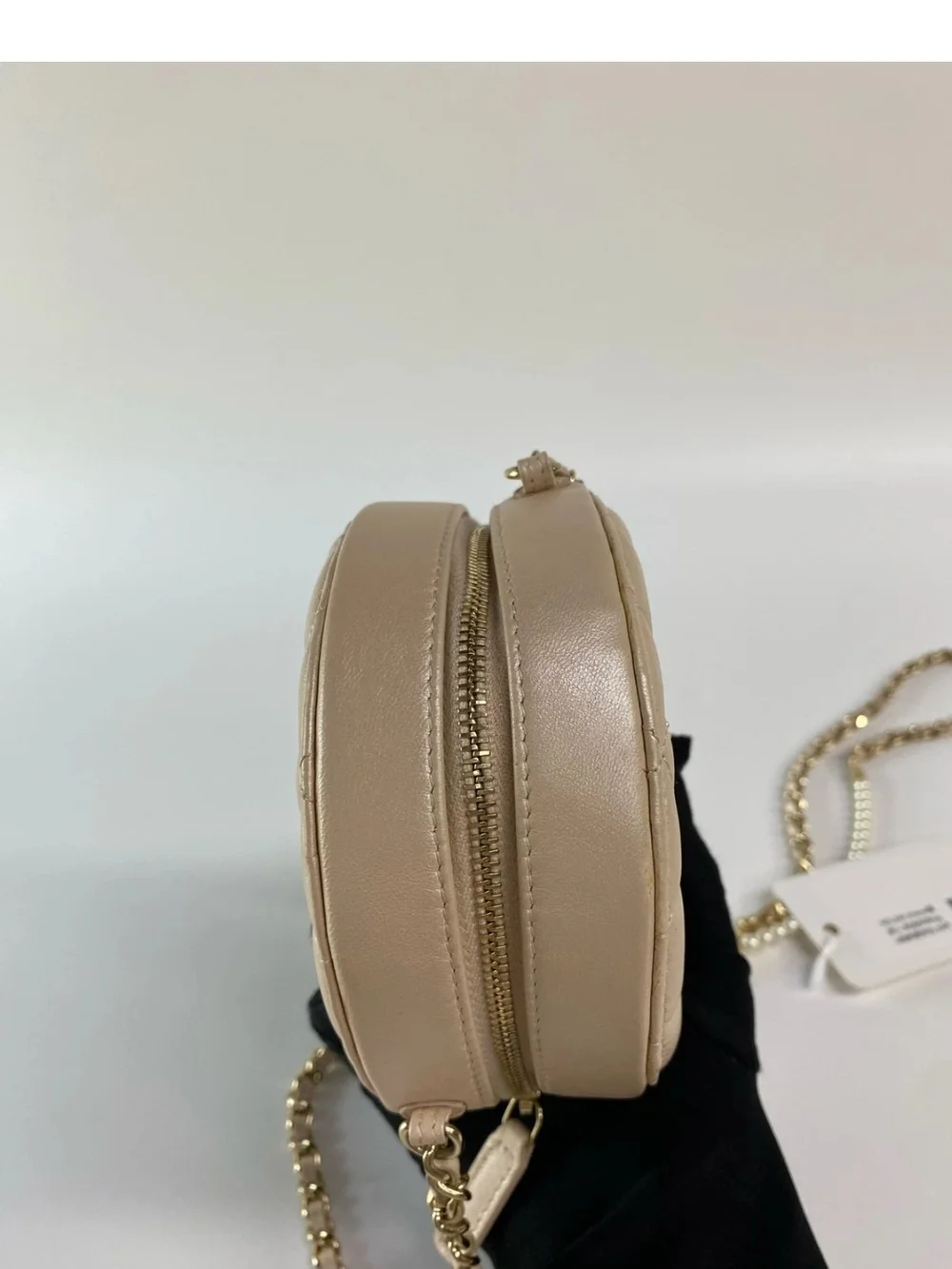 CHANEL Beige Iridescent Calfskin Quilted Round Pearl Chain Crossbody Bag